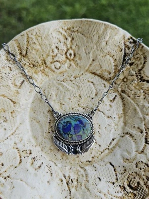 Beautiful Dark Opal and Sterling Silver Pendant Necklace 16"-18" Chain Foto 1 de 4