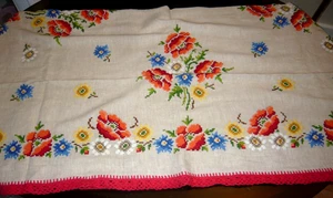 Tischdecke rechteckig Leinen gestickt Kreuzstich Blumen Handarbeit 132 cm X 170 - Bild 1 von 6