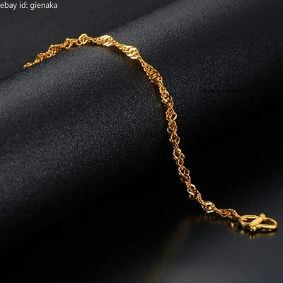 Pure 999 24k Yellow Gold Thin Singapore Chain Link Bracelet Bangle 5.9-7.1inch - Image 1 of 4
