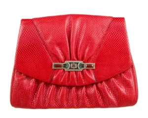 Borsa a mano Judith Leiber Karung pelle di serpente rossa giorno sera chiusura art deco cristallo gy - Foto 1 di 14