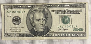 2001 Serial CJ17408361A $20 Bill Offset Cut Note Error Cut Front and Back - Picture 1 of 6