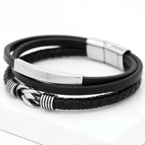 Men's 8" Stainless-Steel.Black Eternity Braided Leather Magnetic.Bracelet,BOX - Picture 1 of 4