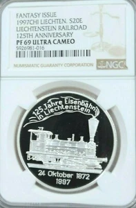 1997 LIECHTENSTEIN SILVER 20 EURO RAILROAD ANNIV NGC PF 69 ULTRA CAMEO TOP POP - Picture 1 of 4