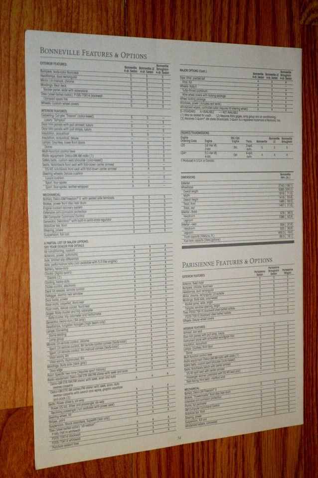 Pontiac Bonneville 1986 características opciones lista de distribuidores anuncio impreso original 86 Foto 1 de 1