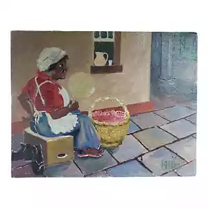 Mujer americana negra 1960 con abanico pintura al óleo sobre panel de madera firmada GFJH - Imagen 1 de 4