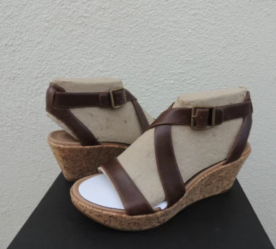 Tacones de cuña con plataforma de cuero marrón con tiras TSUBO OLIVETTE, US 9/ EUR 40 ~ NUEVO EN CAJA Foto 1 de 4