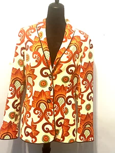 Giacca blazer J.McLaughlin 100% cotone panna stampa arancione ruggine 3 bottoni taglia 10 - Foto 1 di 13