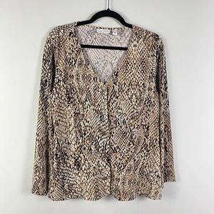 Susan Graver Printed Liquid Knit Button Front Peplum Top Size L Animal Print - Picture 1 of 11