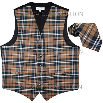 New Vesuvio Napoli Men plaid Tuxedo Vest Waistcoat_Necktie Brown wedding formal - Image 1 of 4