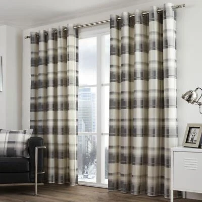 Fusion Balmoral Check 100% Cotton Eyelet Fully Lined Curtains Pair Slate Grey - Image 1 of 4