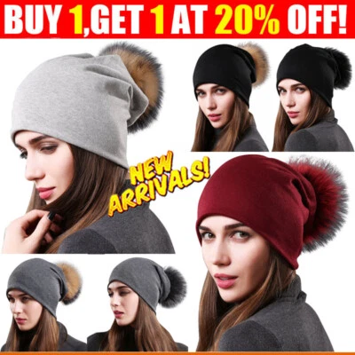 Women Winter Warm Cashmere Wool Knitted Real Fur Pom Pom Ball Beanie Hat Xmas
