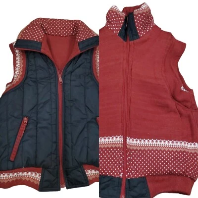 Colete de esqui vintage feminino pequeno reversível preto marrom malha náilon anos 80 Fair Isle - Imagem 1 de 4