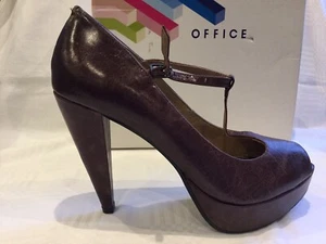 New-Office Scary Mary Burgundy Leather T- Bar Peep Toe High Platform Shoes Uk 6 - Picture 1 of 12