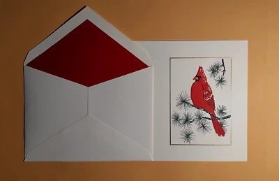 10 Crane & Co Cardinal on Branch Blank Ecru Cards & Red Lined Ecru Envelopes-NWB - Image 1 of 4