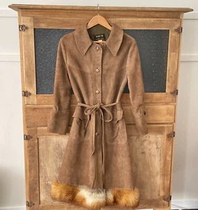 1970's Coat Vintage Suede & Fur Knee Length Belted Winter Jacket Gepetto - Picture 1 of 11