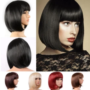 Black Brown Blonde Red Short Straight Bangs Bob Women Hair Wig Full Wigs + Cap - Picture 1 of 17