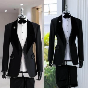 Men's Black Suit Single Breasted Jacket Heavy Duty Rhinestones Party Wedding - Picture 1 of 14