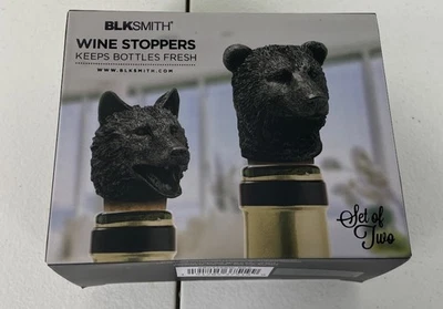 BLKSMITH Juego de 2 Tapones de Vino Cabeza de Oso Lobo Corcho Animal Topper NUEVO en Caja Foto 1 de 4