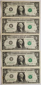 Cinque banconote da 111 $1 un dollaro numero di serie fantasia, 111 nel numero di serie - Foto 1 di 2