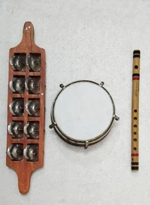 INSTRUMENTOS MUSICALES INDIOS MADERA DHAPLI/KHANJAREE KARTAL Y FLAUTA CONJUNTO COMBINADO - Imagen 1 de 4