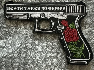 GLOCK DEATH TAKES NO BRIBES 3x4 Embroidered Morale Patch Hook Backing Brand New - Picture 1 of 4