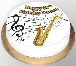 Saxophone & Notes Music Personalised Edible Icing Sheet / Cake Topper 6-8" Round - Picture 1 of 2
