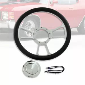 Chrome 9 Hole 14" Split Tri Spoke Leather Skin Steering Wheel&Smooth Horn Button - Foto 1 di 5