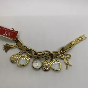 Anne Klein Watch Women Gold Tone Charm Bracelet Heart Bling, Diamond - Picture 1 of 18