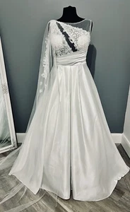 Size 14/16 Asymmetric Illusion Neckline Satin Wedding Dress - Picture 1 of 19