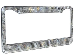 1 LUX White Diamond CRYSTAL Metal License Plate Frame Caps Made with Swarovski - Picture 1 of 6