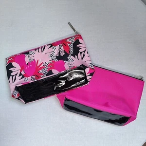 Lancome Paris Makeup Bags Set Of 2 Hot Pink & Floral Patterned Zippered 10x7x2 - Picture 1 of 12