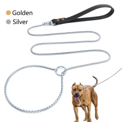 Chain Choker Slip Dog Leads w/Leather Handle Training Leash P Choke Gold/Silver