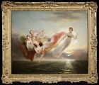 c. 1850 FINE LARGE ENGLISH ROMANTIC OIL CANVAS NYMPHS OVER SEA AT SUNSET