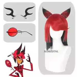 Parrucca cosplay Hazbin Cos Hotel ALASTOR rossa neri oggetti di scena demone - Foto 1 di 16