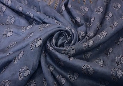 Vintage Saree Pure Silk Beaded Embroidered Blue Fabric Ethnic Sari Dressmaking - image 1 of 3