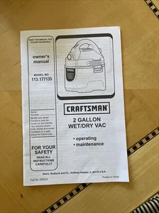 Craftsman 2 Gallon Wet Dry Vac Power Tools Instruction Owner's Manual 113.177135 - Picture 1 of 2