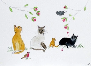 ORIGINAL WATERCOLOUR PAINTING: CATS, KITTEN AND BIRDS - Picture 1 of 4