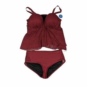 Swimsuits For All Tankini 2 Piece 66201 Padded Top Bikini Burgundy Red Eyelet - Picture 1 of 8