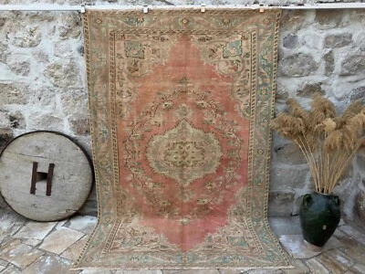 Red Area Muted Vintage Rug 6x9 Red Medallion Wool Carpet Anatolian Bedroom Rug - Image 1 of 4