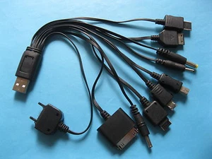 2 set USB Charge Cable with 10 DC Adapters for Cell Phones PSP MP3 Black Kit New - Picture 1 of 4