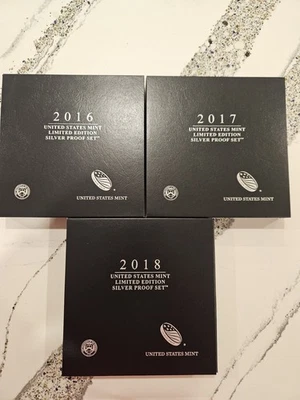 Set of 2016, 2017 & 2018 US Mint Limited Edition SILVER Proof Coin Sets COA - Image 1 of 4