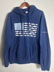 Columbia PFG Hoodie Men Large Blue Fish American Flag Sweatshirt Hooded Adult - Picture 1 of 15