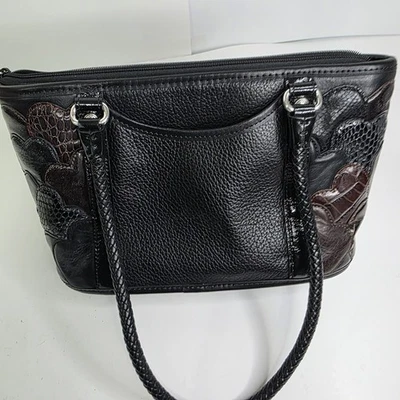 Bolso de Hombro Brighton Vintage Cuero 3D Corazones Negro Marrón Doble Asa Cremallera Foto 1 de 4
