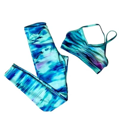 Antiguo Conjunto de Leggings y Sujetador Bralette Azul Marino PEQUEÑO Cósmico Abstracto Gimnasio Pilates Entrenamiento Foto 1 de 4