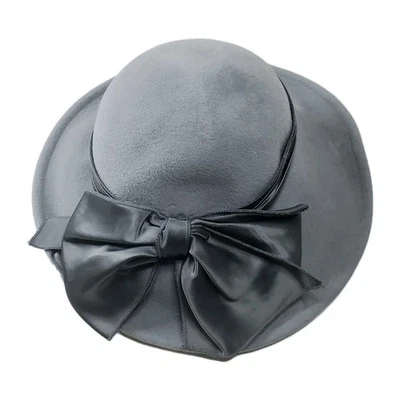 Sombrero De Colección Para Mujer Gris Ala Ancha Con Lazo Satinado Acento Lana Unión Hecho en EE. UU.  Foto 1 de 4