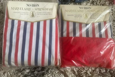 NOS VINTAGE SPRINGMAID MARVELAIRE DOUBLE Fitted/flat SHEET RED WHITE BLUE STRIPE - Image 1 of 2