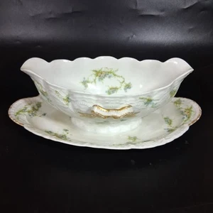 Theodore Haviland Limoges blaue Blumen Sauciere Schale mit aufgesetztem Teller - Bild 1 von 10