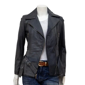 Chaqueta de motociclista Feminin Touch TR-253 de cuero azul marino suave súper ajustada para mujer - Imagen 1 de 4