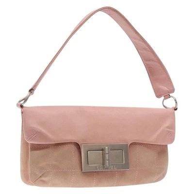 CHANEL Choco Bar Shoulder Bag Suede Pink Silver CC Auth 132385 - Image 1 of 4