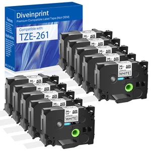 10PK Black on White TZe-261 TZ261 Label Tape For Brother PT-9800PCN PT-P900 36mm - Picture 1 of 10